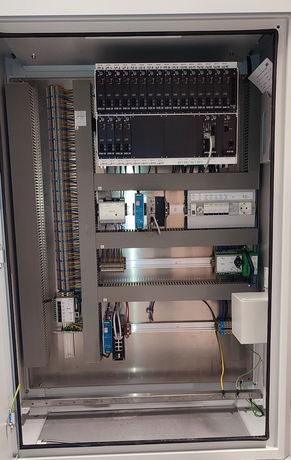 Odprta omara krmilnika MSKE60 z modularnim subrack ohišjem, moduli EKB2S, ARP32, RPI32, PCP5S, ISO16 in zaščito VFZ.